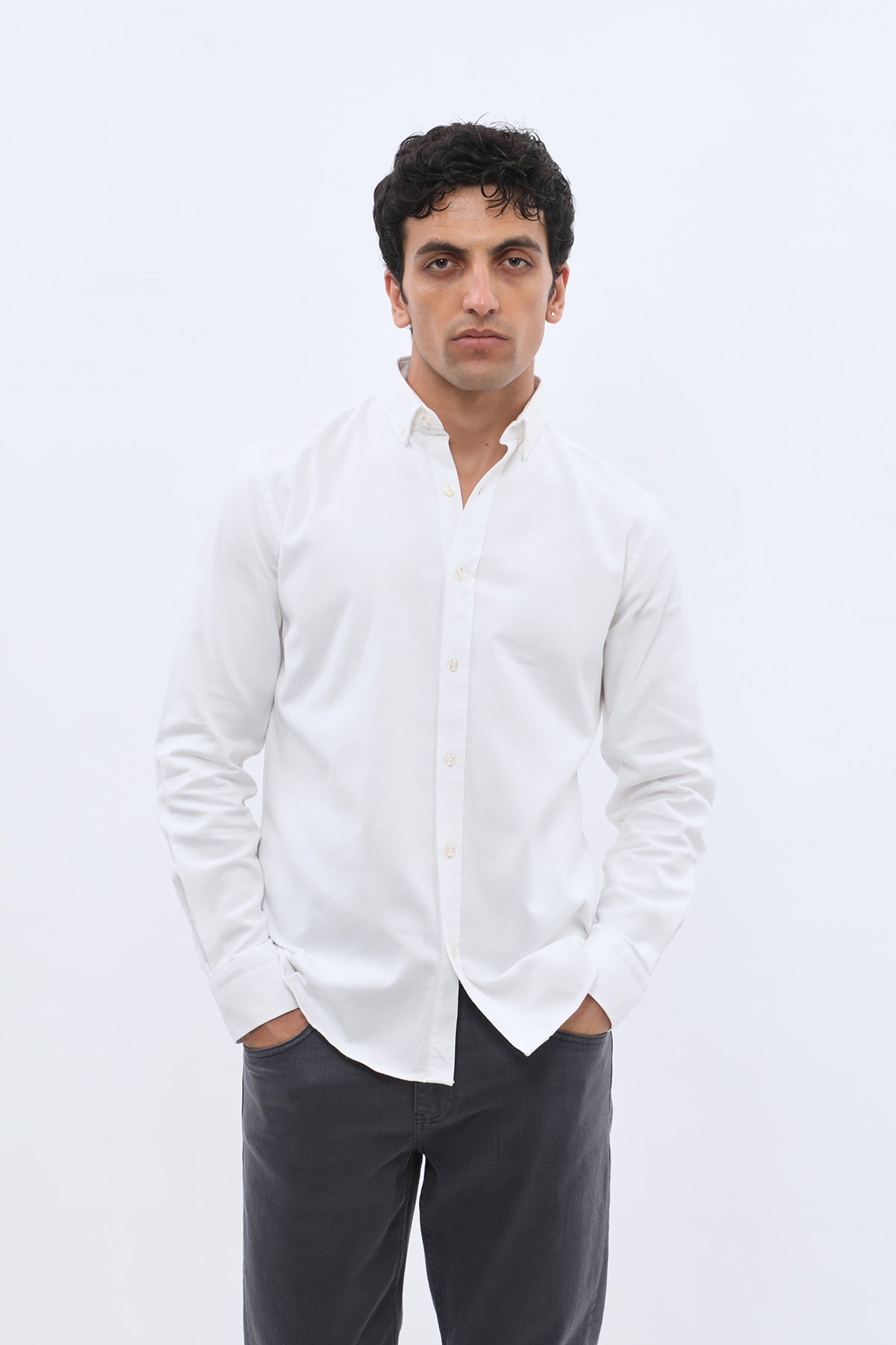 SHIRTPRO 100% Cotton Basket Fabric Regular Fit Long Sleeve Button-Down Collar Shirt in White Color