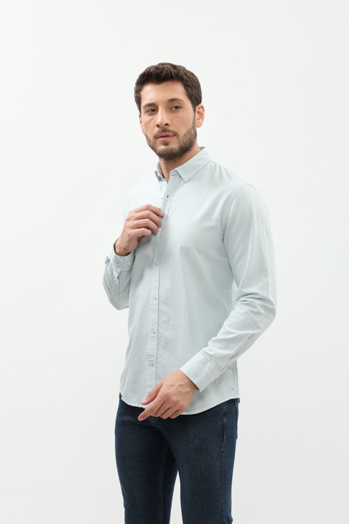 SHIRTPRO 100% Cotton Stripe Fabric Regular Fit Long Sleeve Button-Down Collar Shirt in BREYL GREEN Color