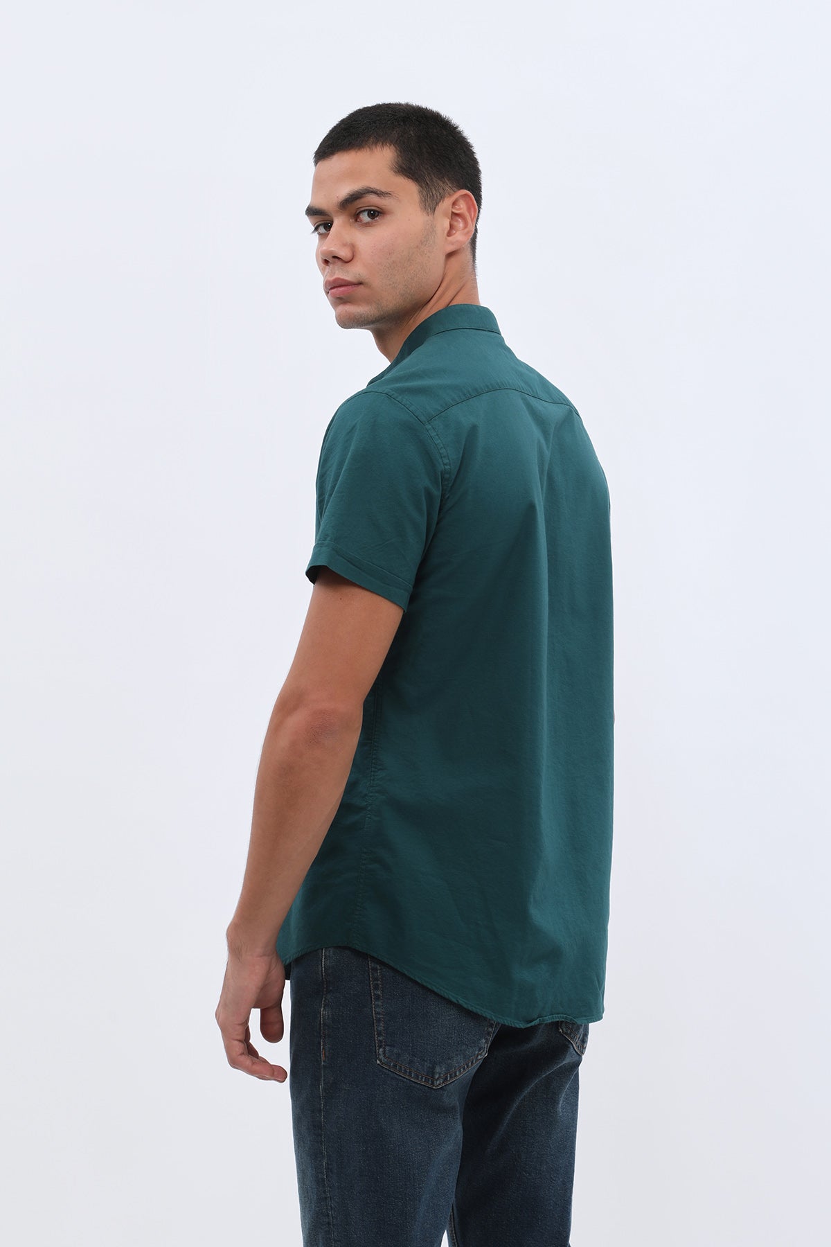 SHIRTPRO Oxford Regular Fit Short Sleeve Mao Collar Shirt - Deep Teal Color