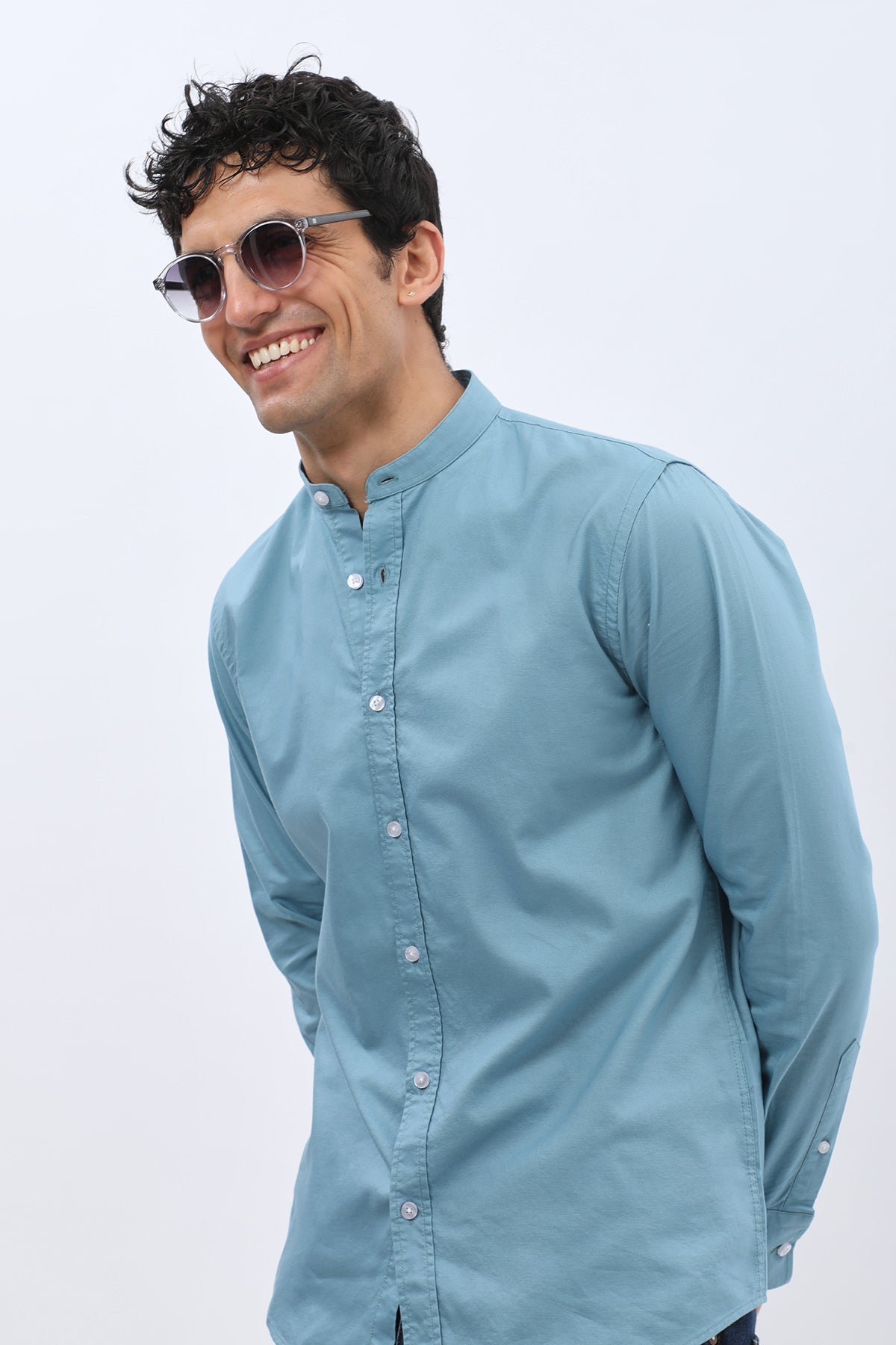 SHIRTPRO Oxford Regular Fit Long Sleeve Mao Collar Shirt - Adriatic