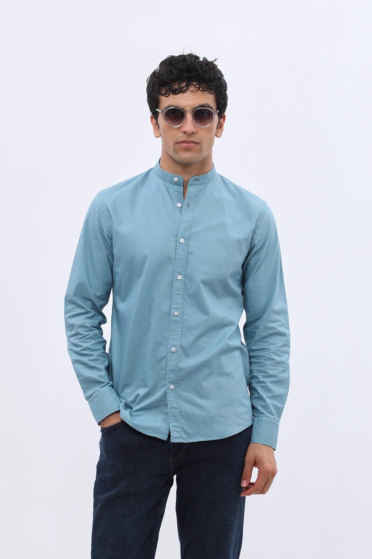 SHIRTPRO Oxford Regular Fit Long Sleeve Mao Collar Shirt - Adriatic