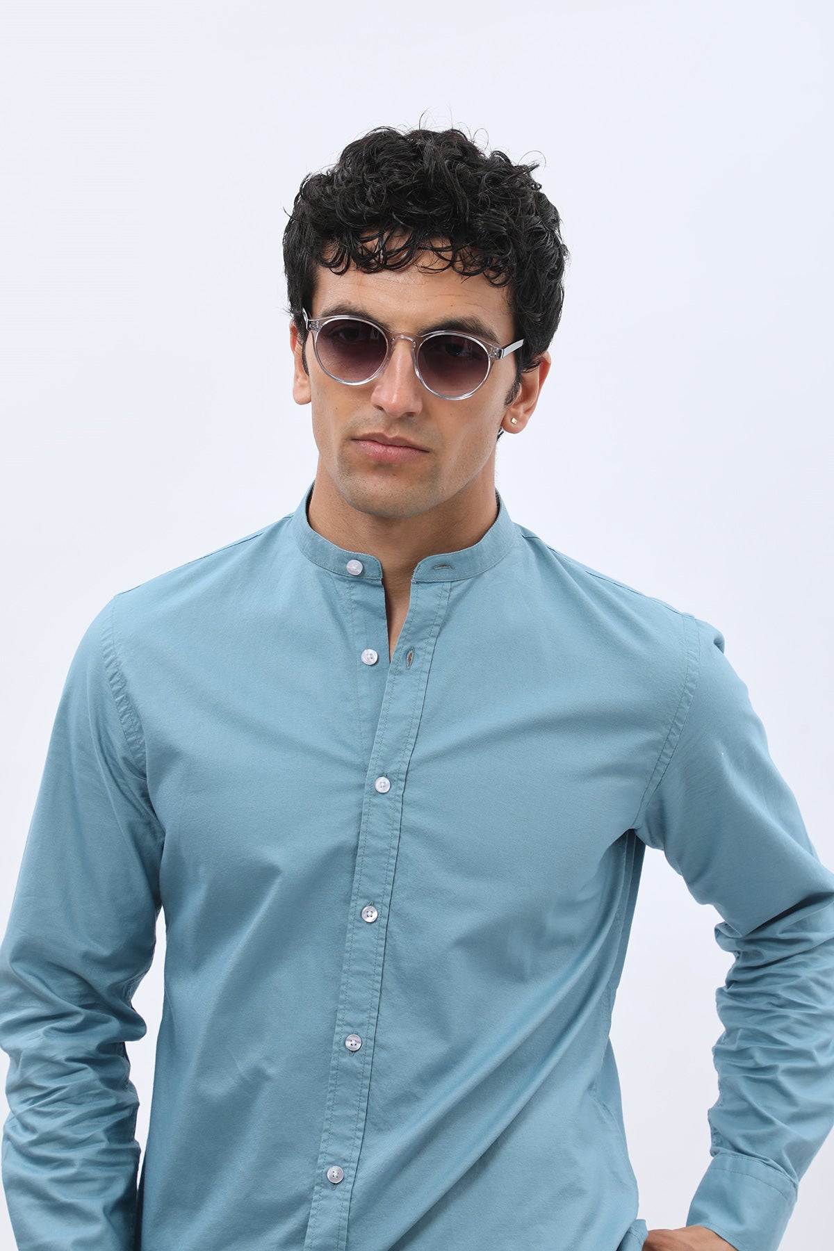 SHIRTPRO Oxford Regular Fit Long Sleeve Mao Collar Shirt - Adriatic