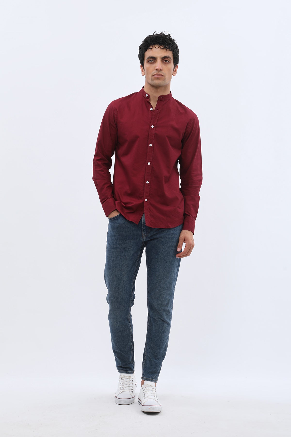 SHIRTPRO Oxford Regular Fit Long Sleeve Mao Collar Shirt - Bordo Red