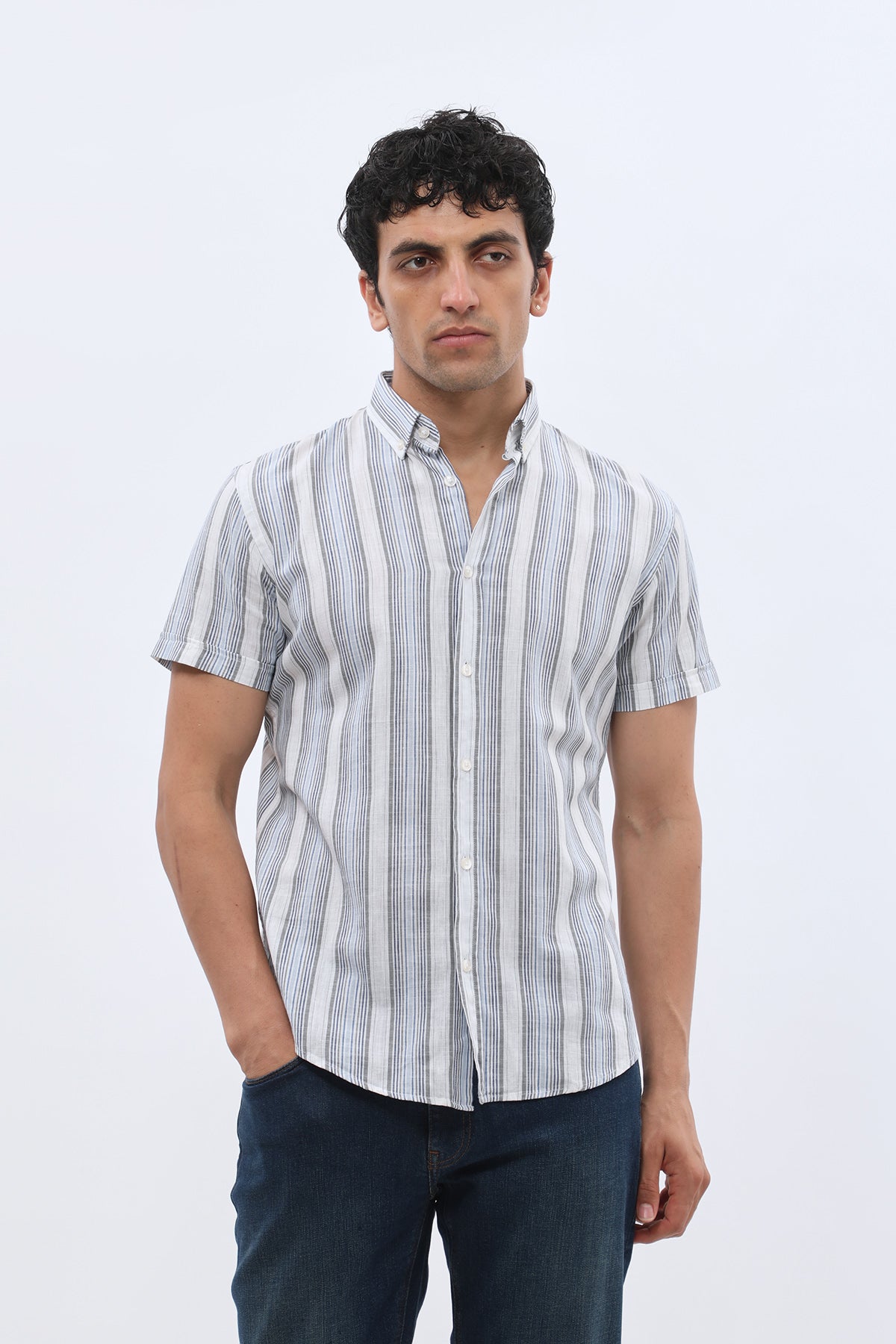 SHIRTPRO Cotton Regular Fit Short Sleeve Button-Down Collar Shirt in Navy Color Stripes Pattern