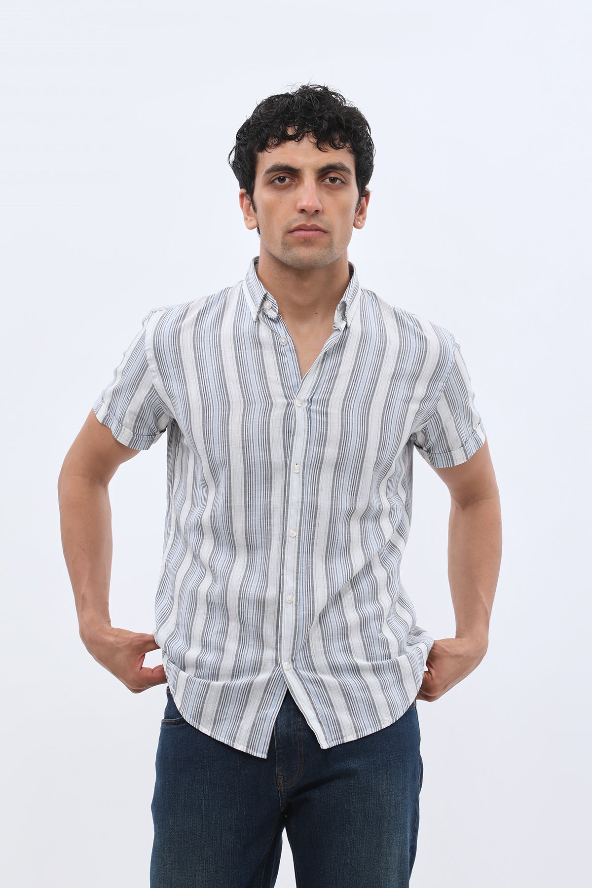 SHIRTPRO Cotton Regular Fit Short Sleeve Button-Down Collar Shirt in Navy Color Stripes Pattern